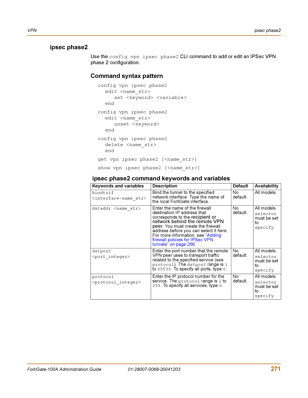 Fortinet 100A manual Ipsec phase2 command keywords and variables, 271, Network behind the remote VPN 