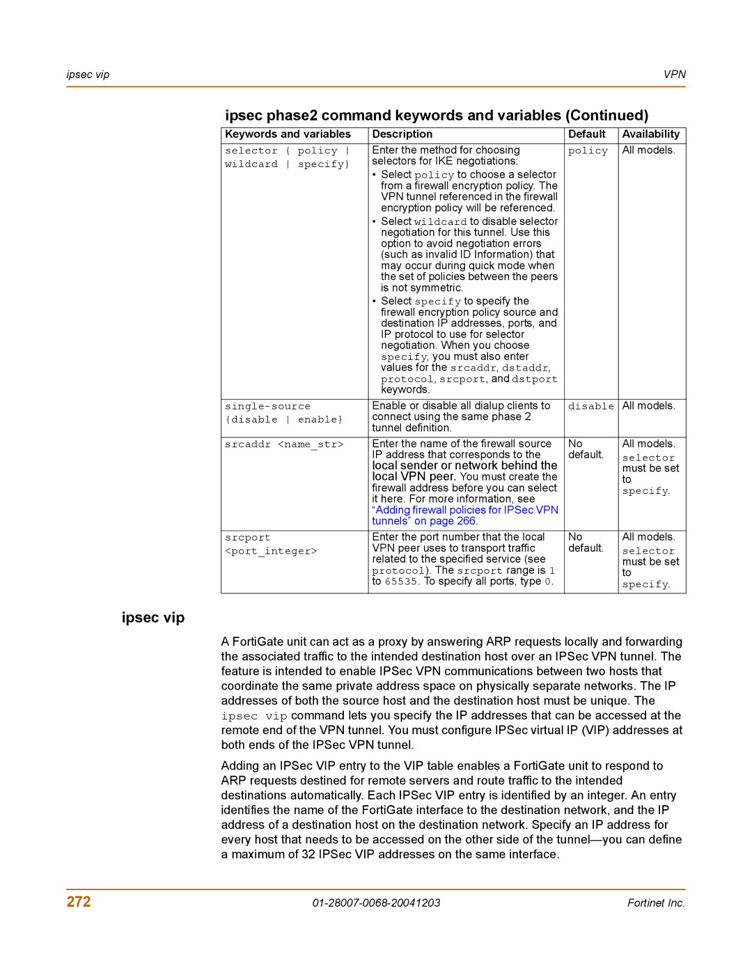 Fortinet 100A manual Ipsec vip, 272, Local sender or network behind 