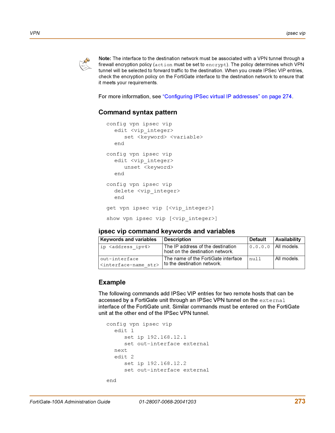 Fortinet 100A manual Ipsec vip command keywords and variables, 273, Out-interface, Null 