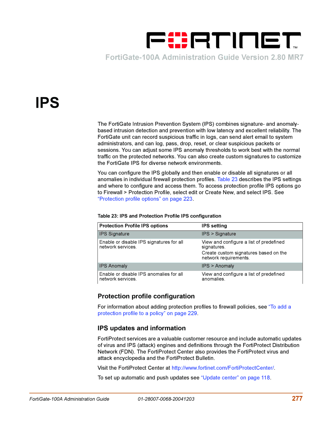 Fortinet 100A manual Protection profile configuration, IPS updates and information, 277 