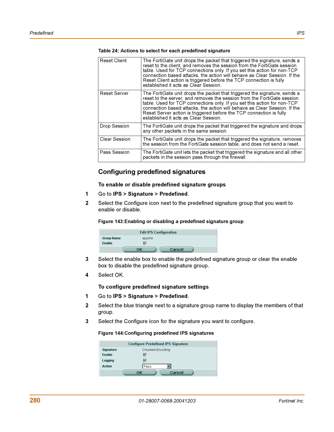 Fortinet 100A manual Configuring predefined signatures, 280, Actions to select for each predefined signature 