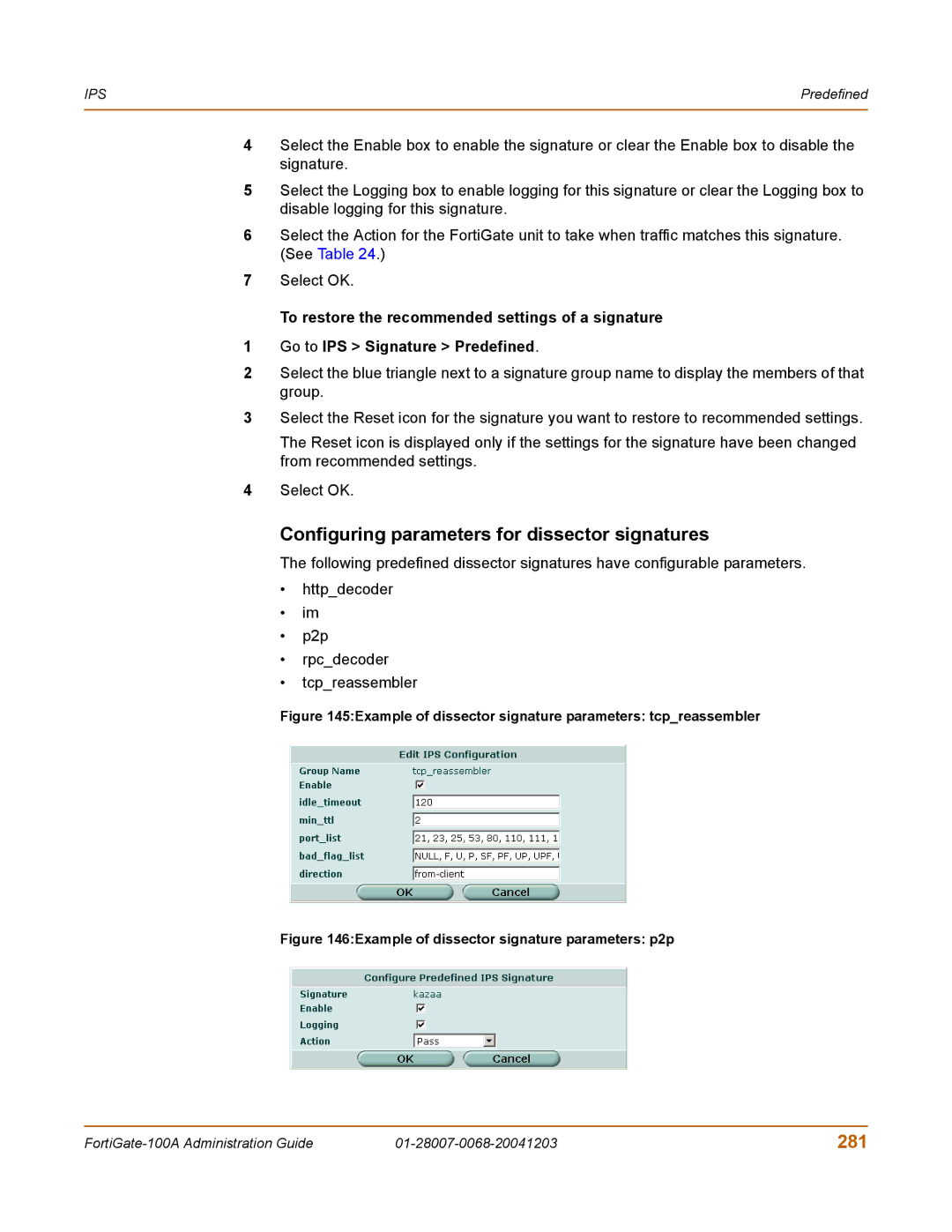 Fortinet 100A manual Configuring parameters for dissector signatures, 281 