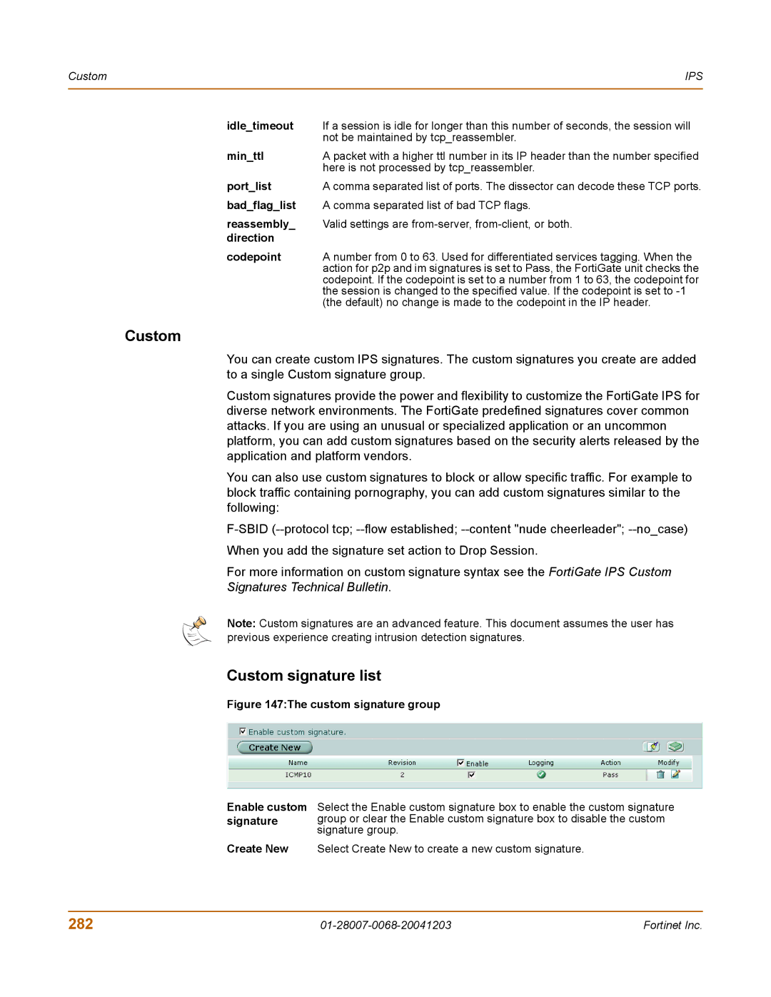 Fortinet 100A manual Custom signature list, 282 