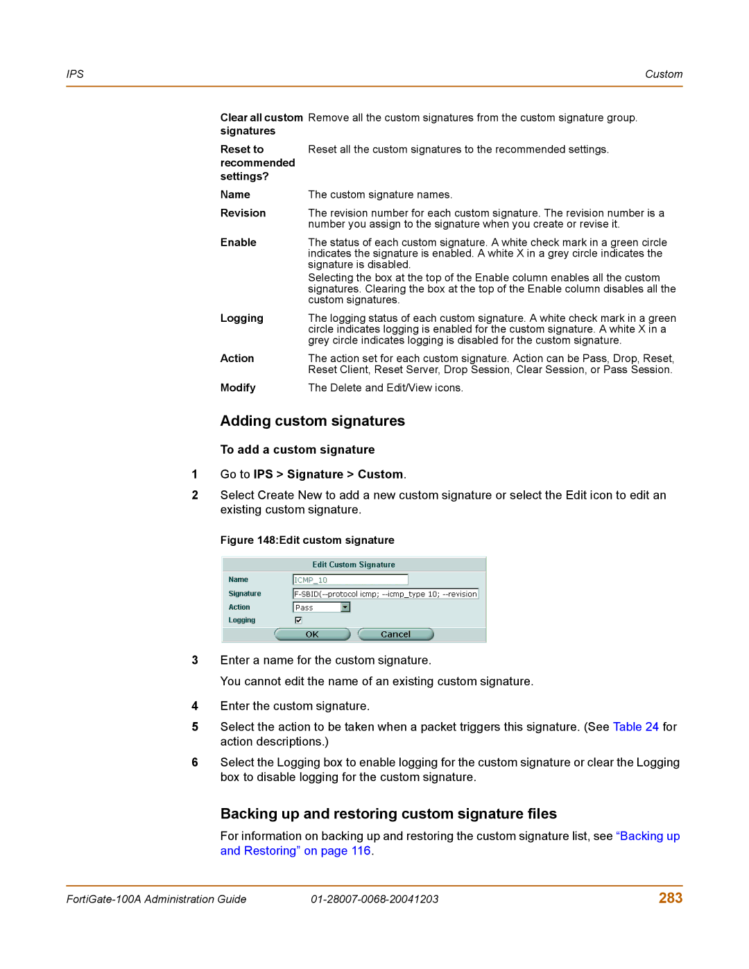 Fortinet 100A manual Adding custom signatures, Backing up and restoring custom signature files, 283 