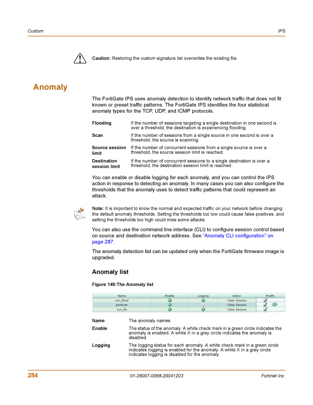 Fortinet 100A manual Anomaly list, 284 