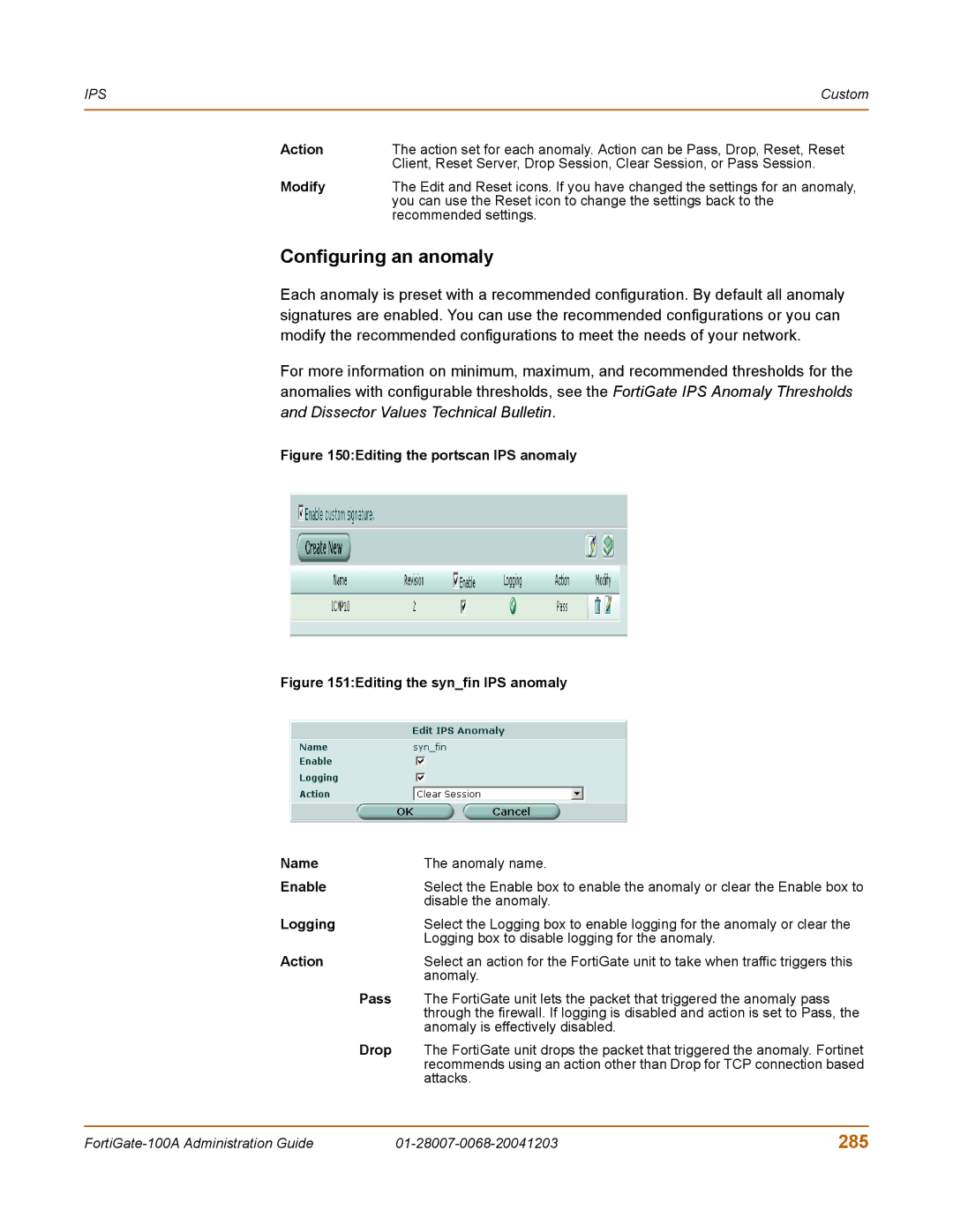 Fortinet 100A manual Configuring an anomaly, 285, Modify, Pass, Drop 