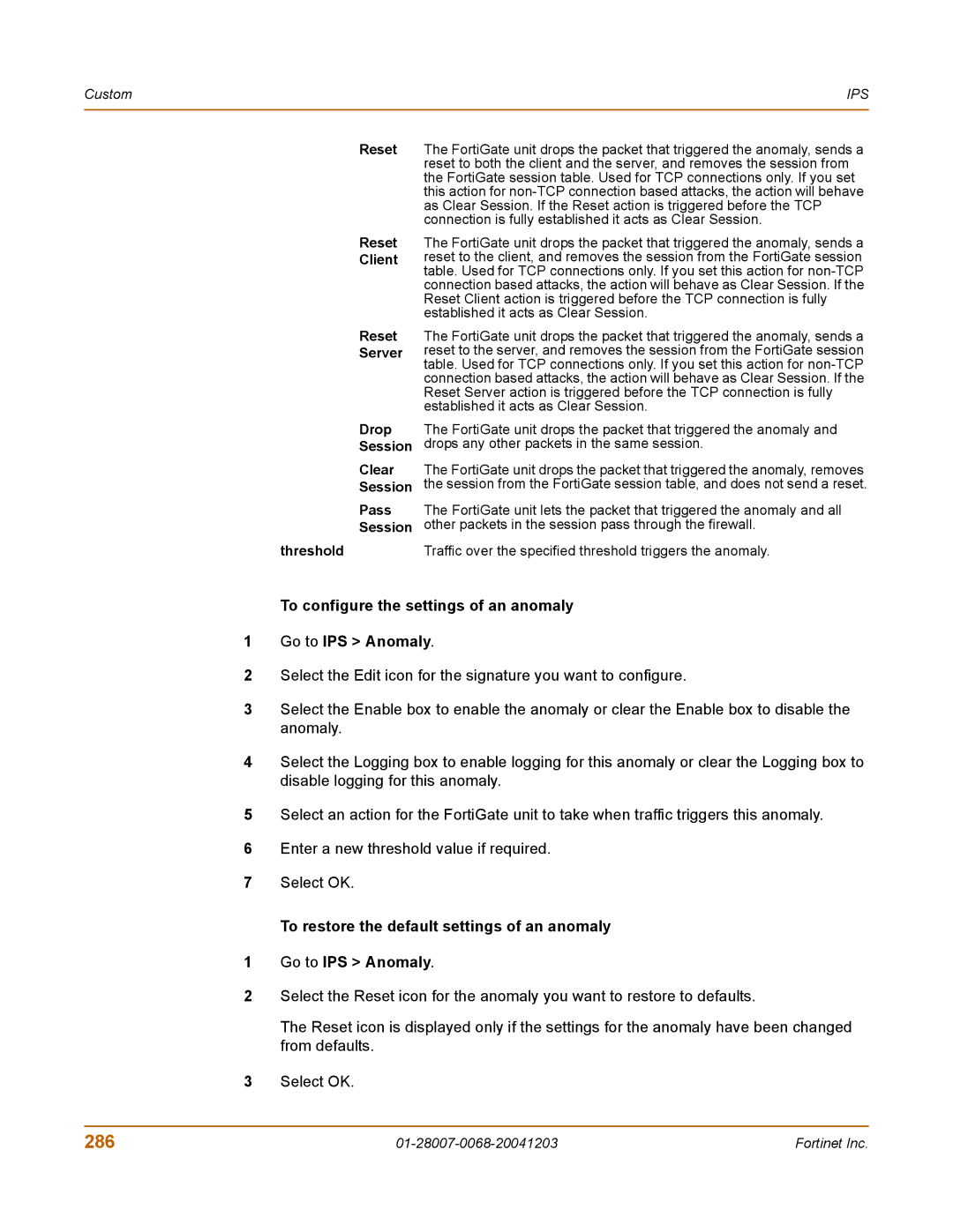 Fortinet 100A manual 286, To configure the settings of an anomaly Go to IPS Anomaly, Reset Client, Reset Server 