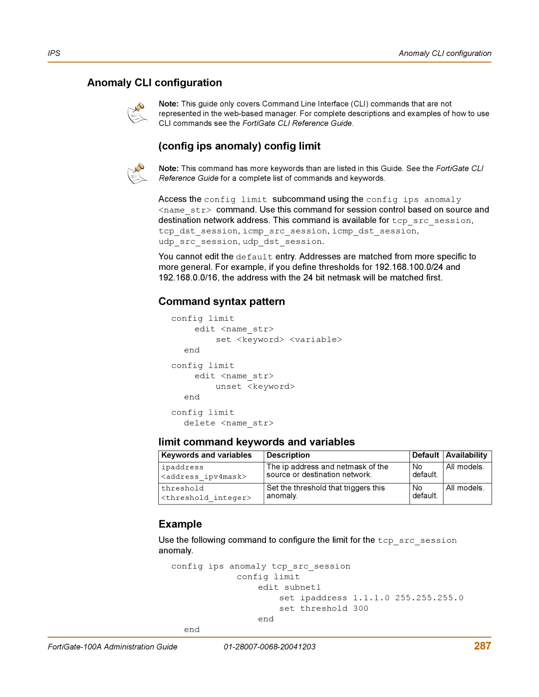 Fortinet 100A manual Anomaly CLI configuration Config ips anomaly config limit, Limit command keywords and variables, 287 