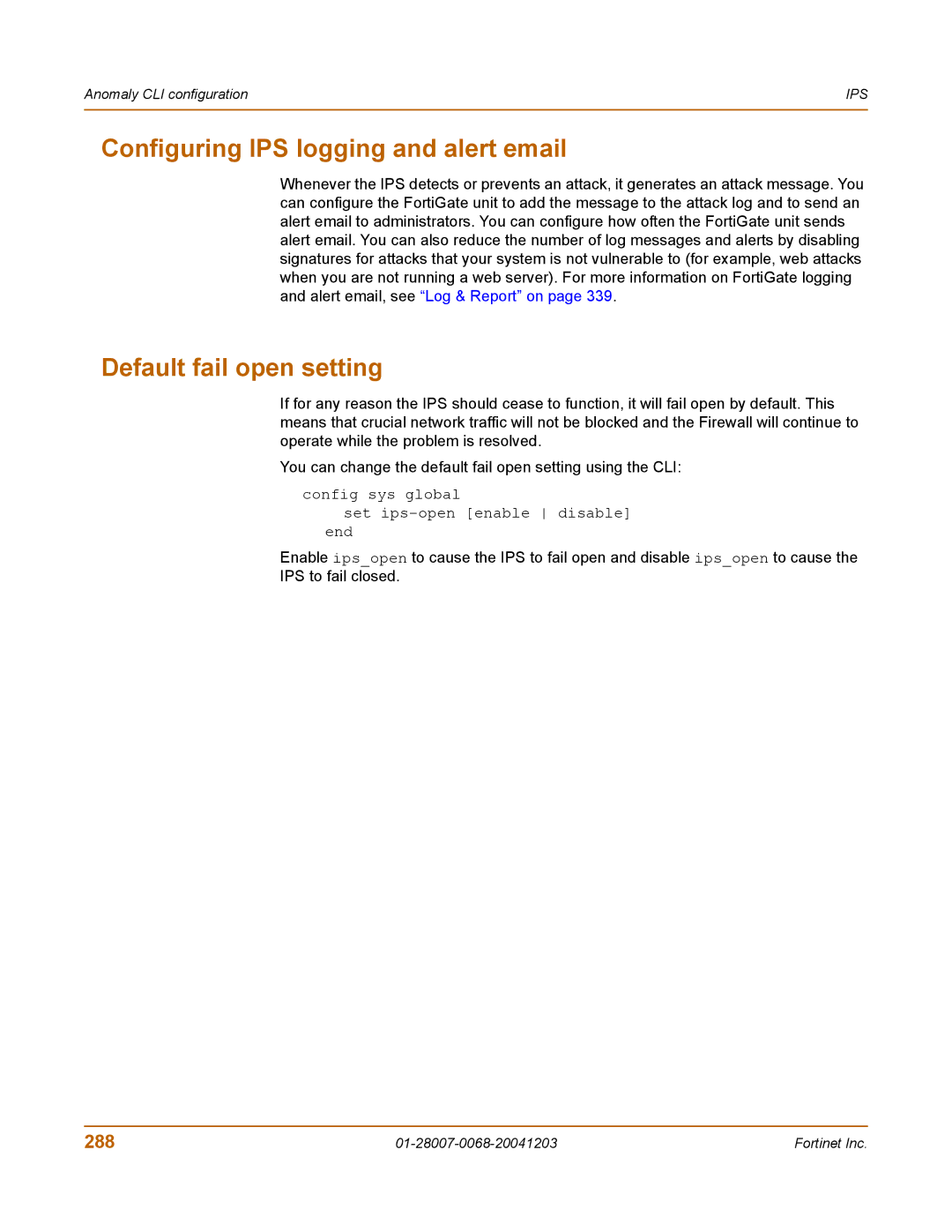 Fortinet 100A manual Configuring IPS logging and alert email, Default fail open setting, 288 