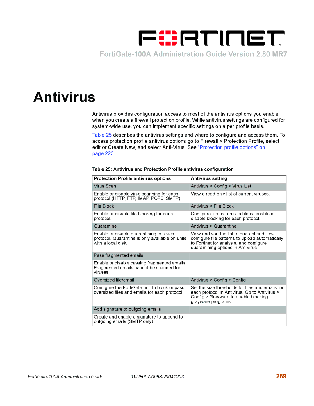 Fortinet 100A manual Antivirus, 289 