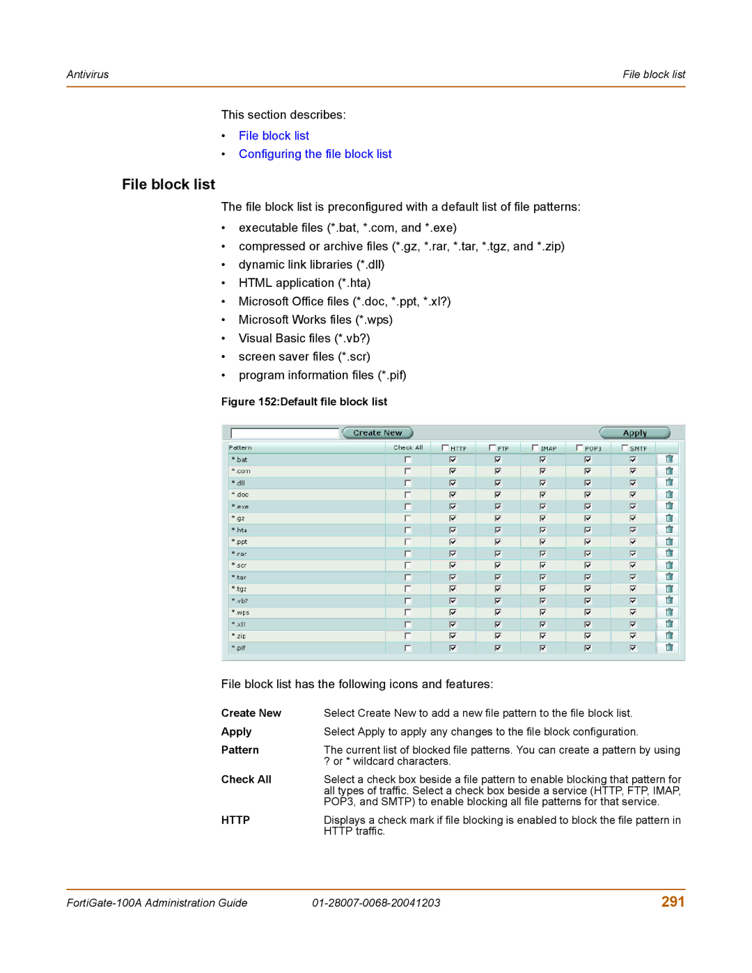 Fortinet 100A manual 291, File block list has the following icons and features 