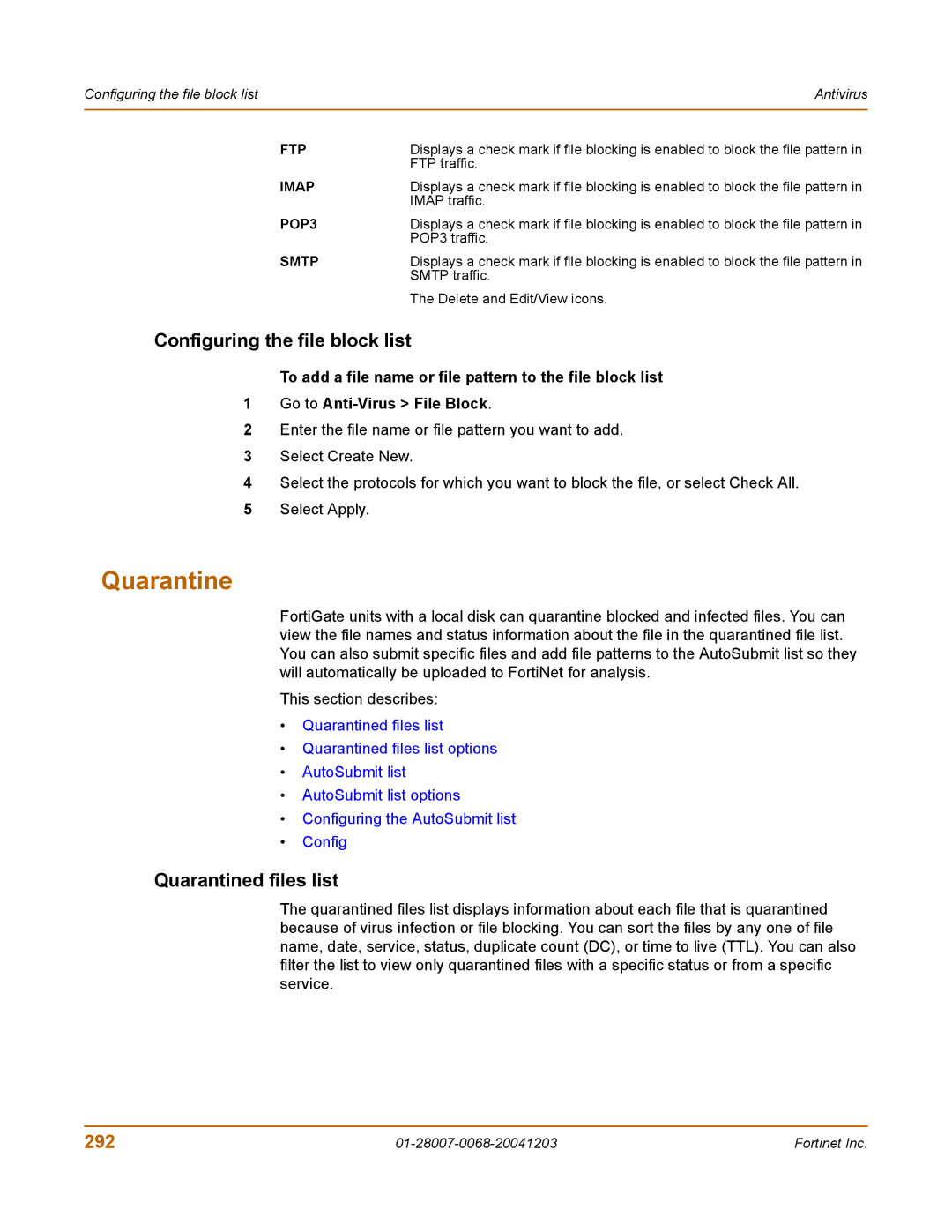 Fortinet 100A manual Configuring the file block list, Quarantined files list, 292 