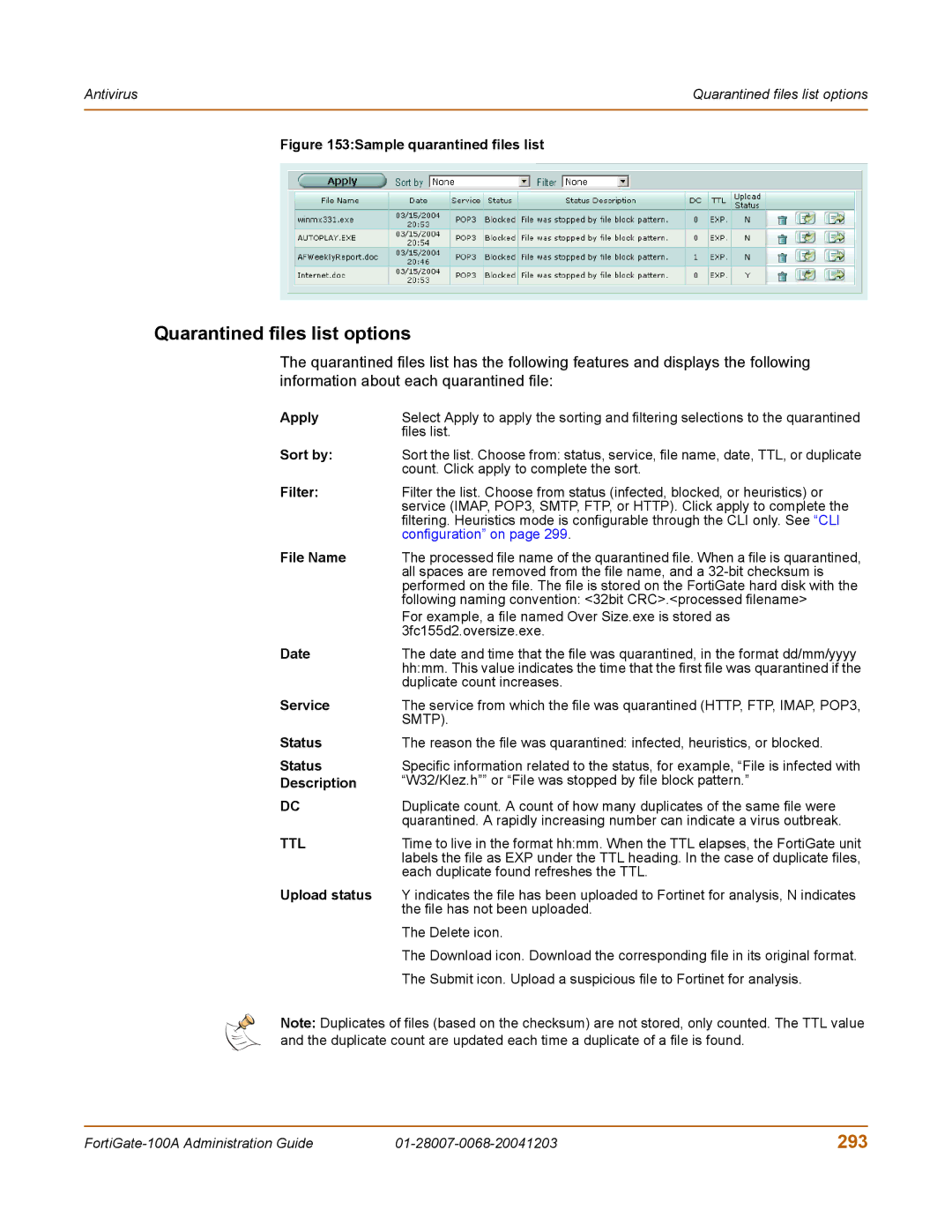 Fortinet 100A manual Quarantined files list options, 293 