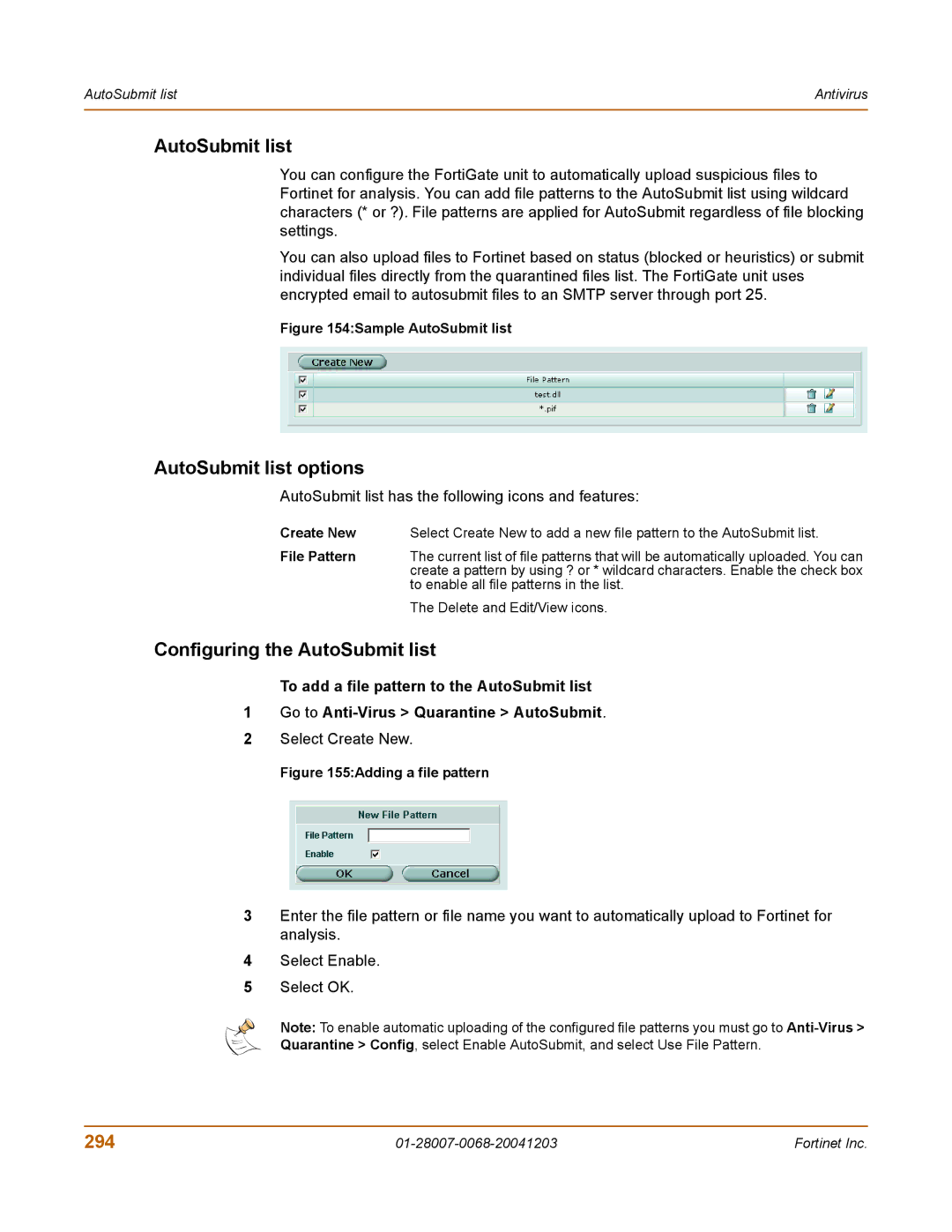 Fortinet 100A manual AutoSubmit list options, Configuring the AutoSubmit list, 294 