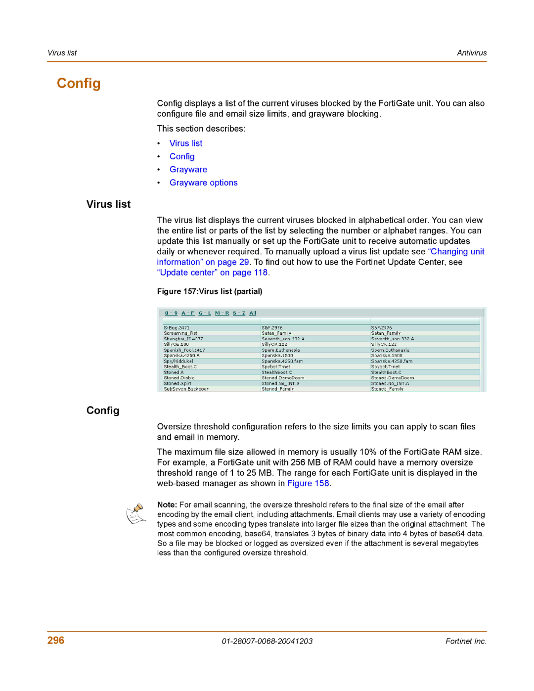 Fortinet 100A manual Config, Virus list, 296 