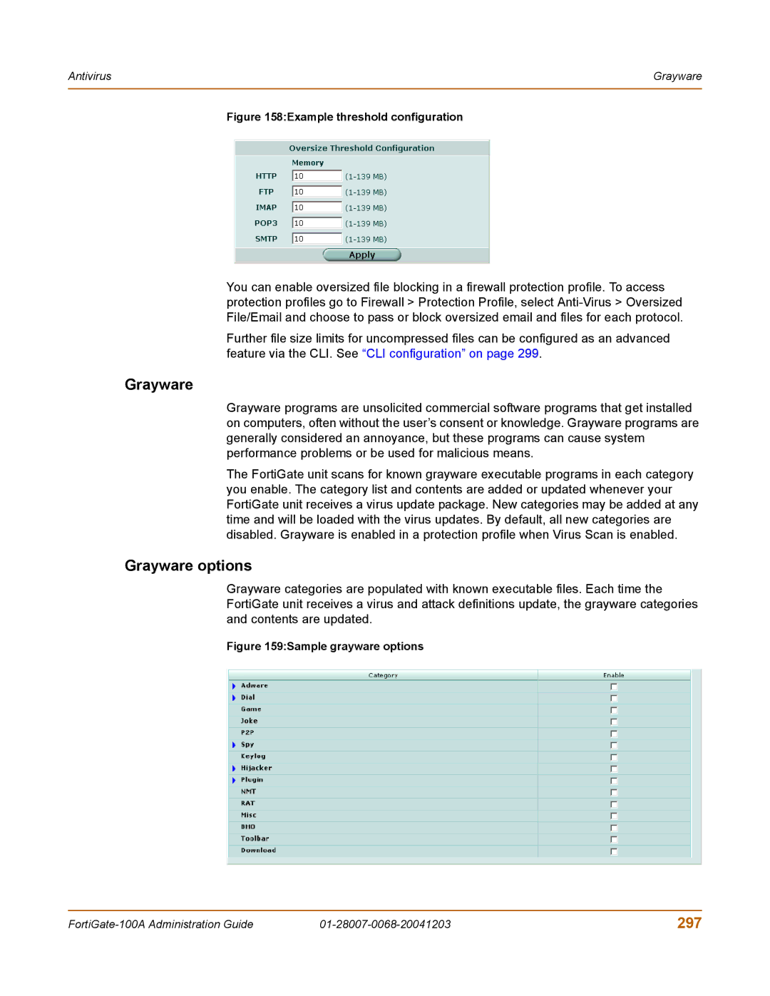 Fortinet 100A manual Grayware options, 297 