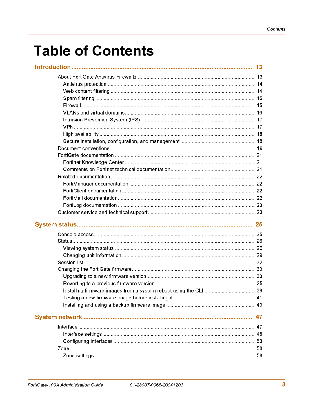 Fortinet 100A manual Table of Contents 