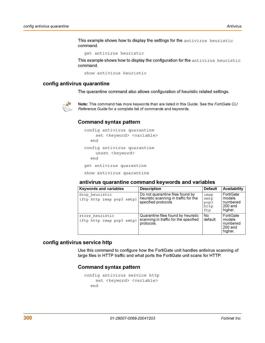 Fortinet 100A manual Config antivirus quarantine, Antivirus quarantine command keywords and variables, 300 