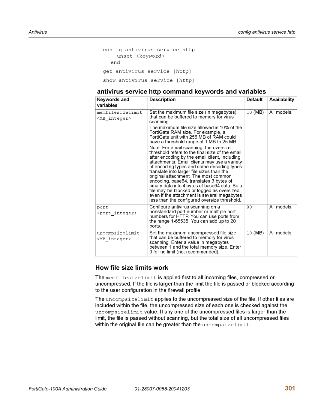 Fortinet 100A manual Antivirus service http command keywords and variables, How file size limits work, 301 