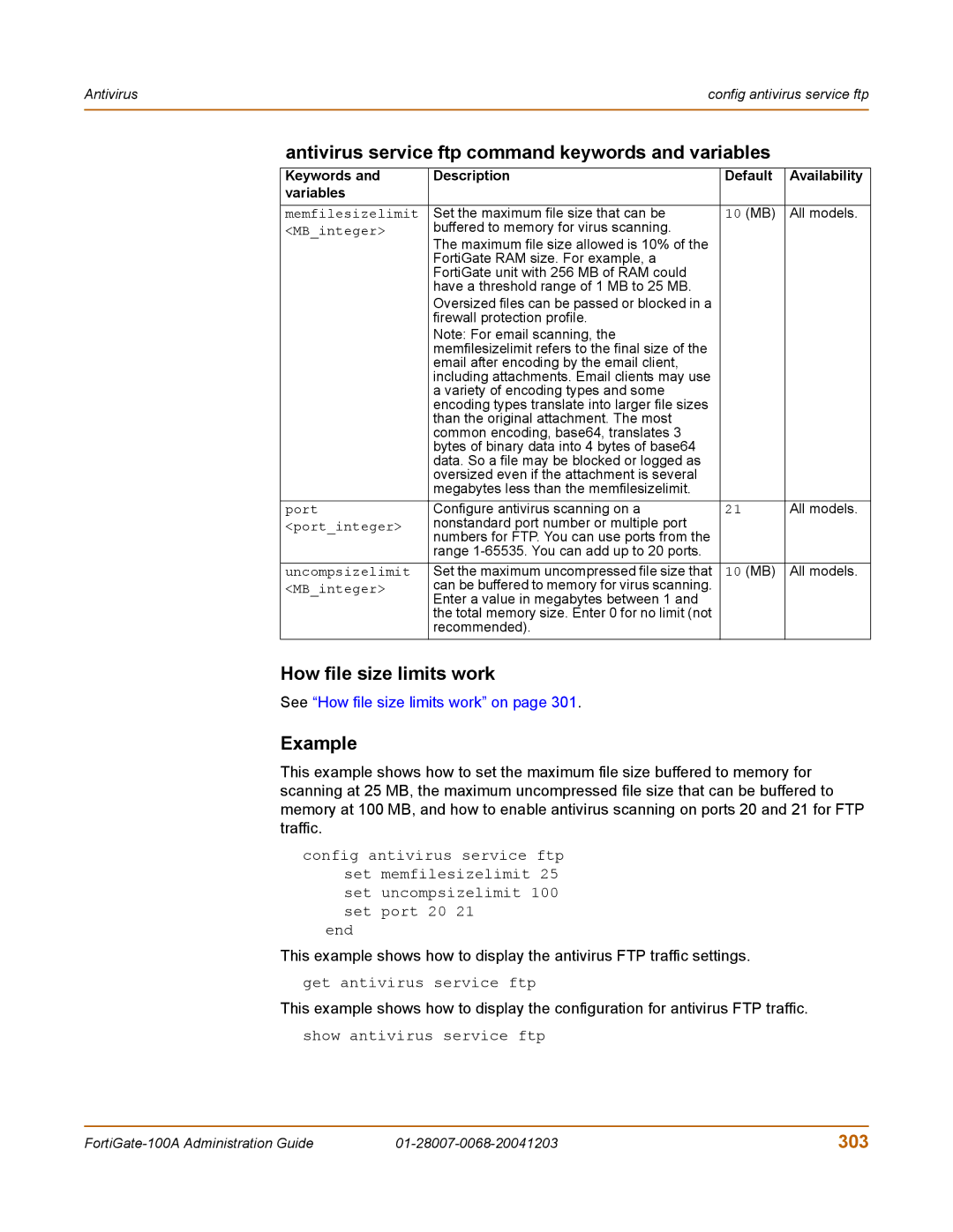 Fortinet 100A manual Antivirus service ftp command keywords and variables, 303 