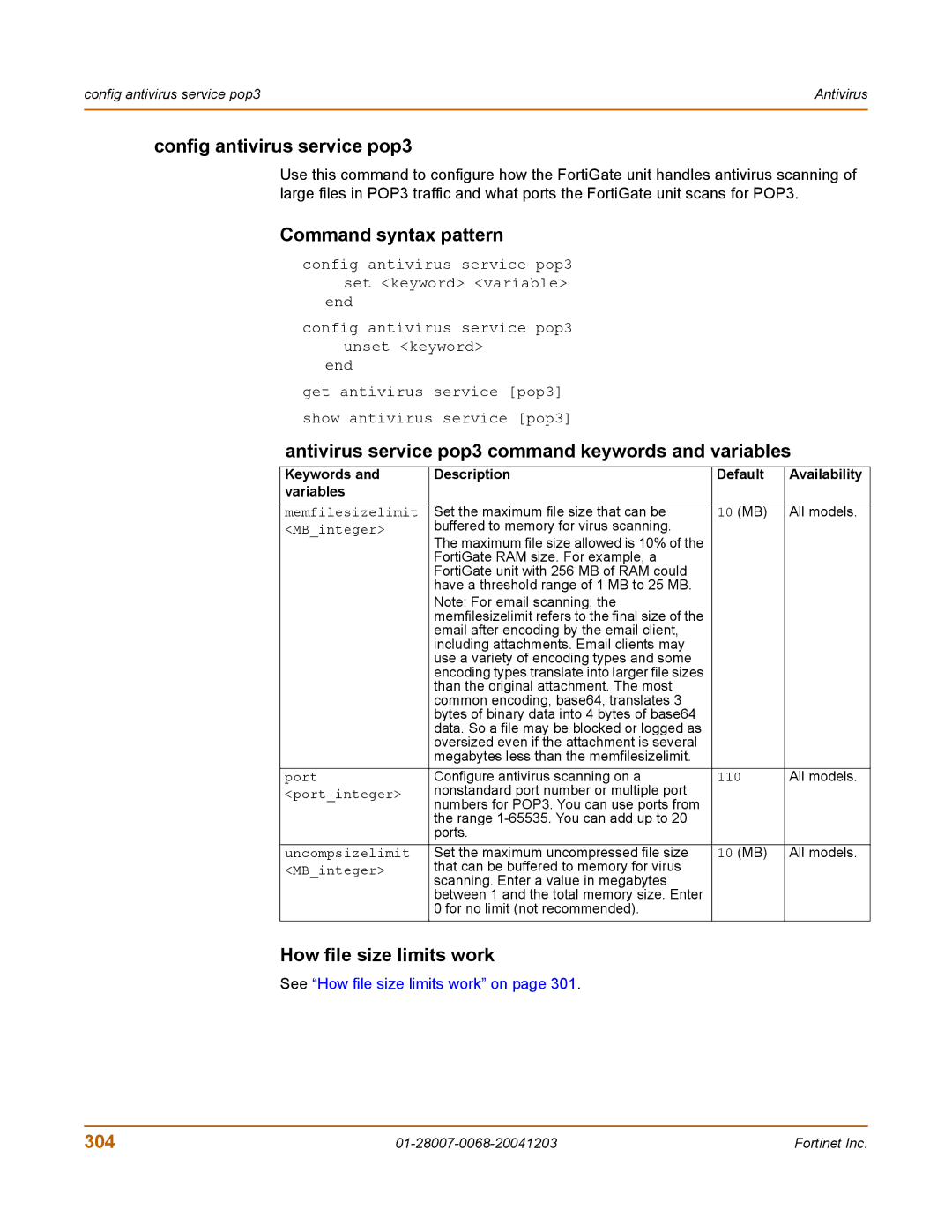 Fortinet 100A manual Config antivirus service pop3, Antivirus service pop3 command keywords and variables, 304 