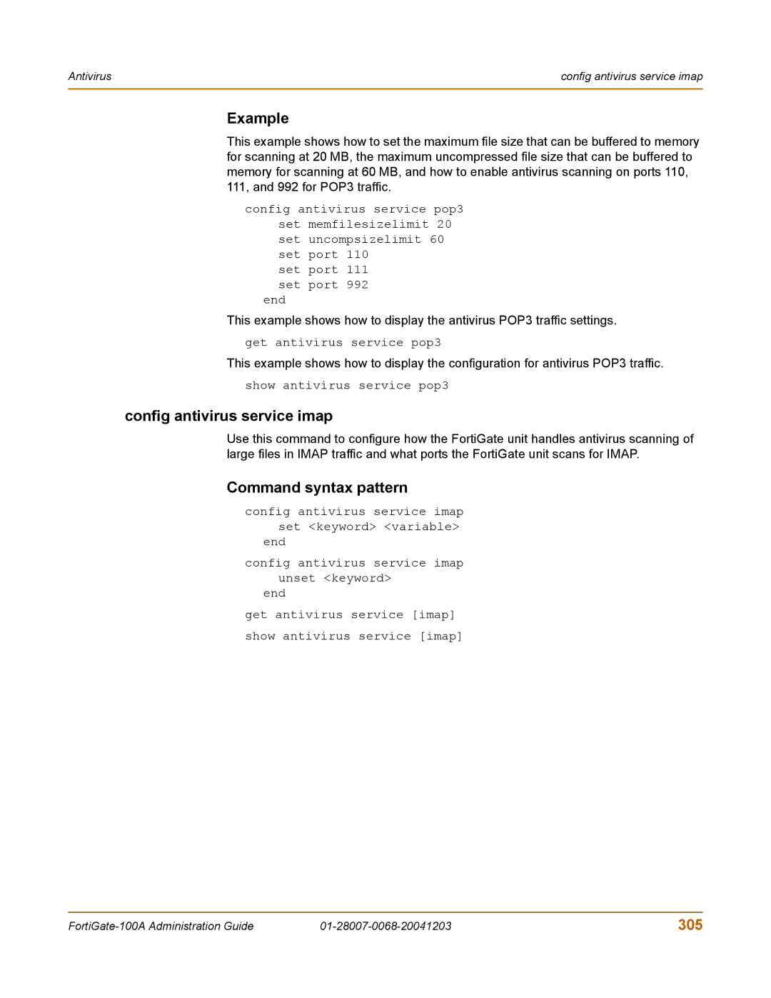 Fortinet 100A manual Config antivirus service imap, 305 