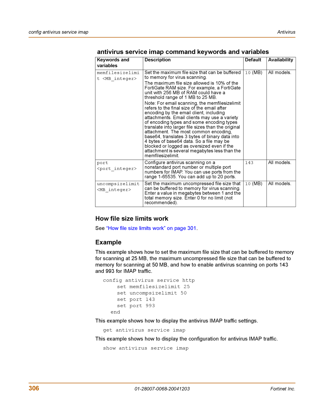 Fortinet 100A manual Antivirus service imap command keywords and variables, 306, Memfilesizelimi, 143 