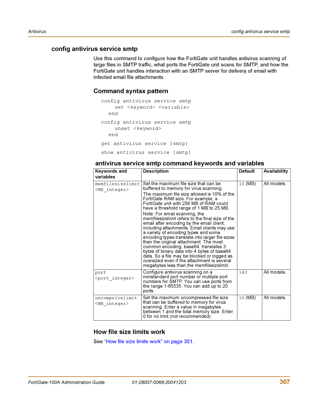 Fortinet 100A manual Config antivirus service smtp, Antivirus service smtp command keywords and variables, 307 