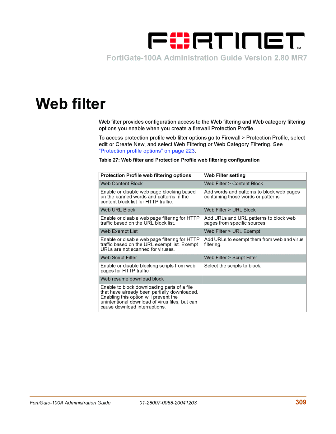 Fortinet 100A manual Web filter, 309 