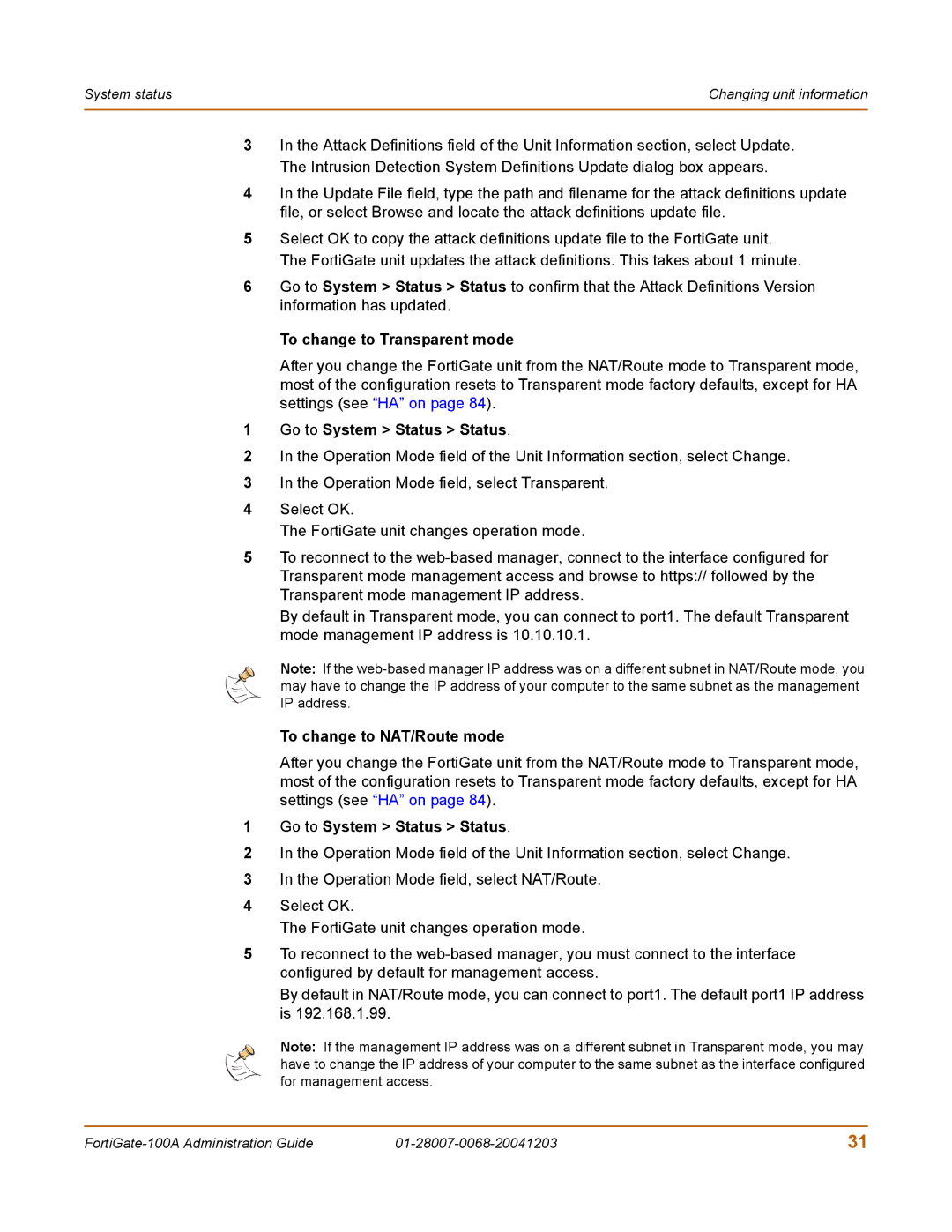 Fortinet 100A manual To change to Transparent mode, To change to NAT/Route mode 