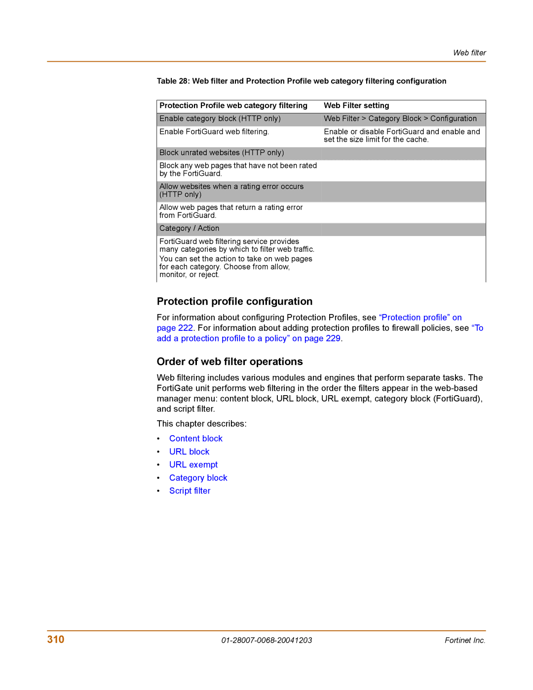 Fortinet 100A manual Order of web filter operations, 310 