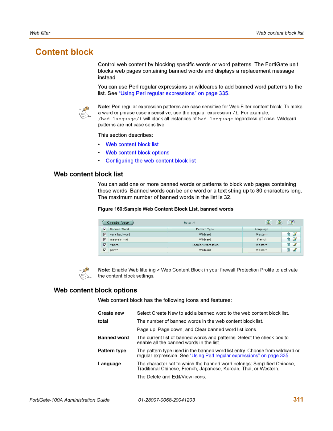 Fortinet 100A manual Content block, Web content block list, Web content block options, 311 