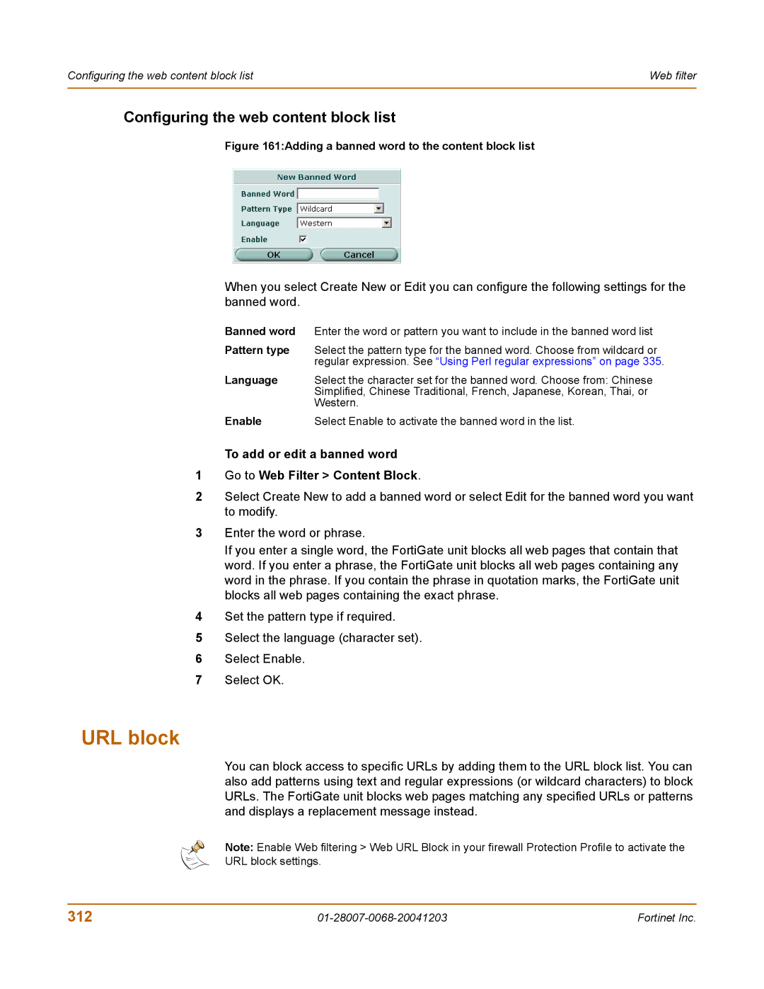 Fortinet 100A manual URL block, Configuring the web content block list, 312 