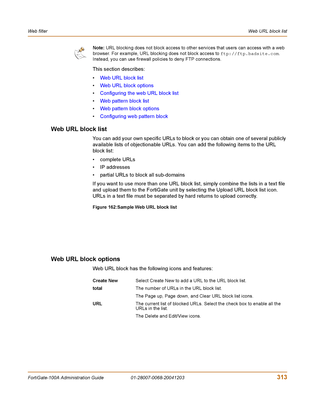 Fortinet 100A manual Web URL block list, Web URL block options, 313, Web URL block has the following icons and features 