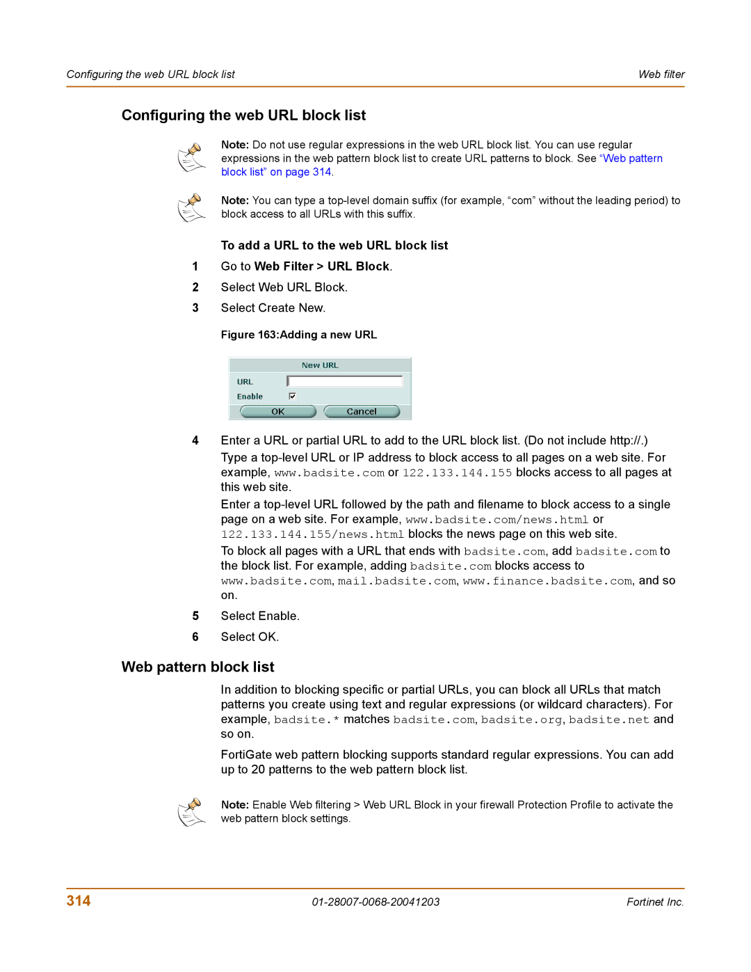 Fortinet 100A Configuring the web URL block list, Web pattern block list, 314, Select Web URL Block Select Create New 