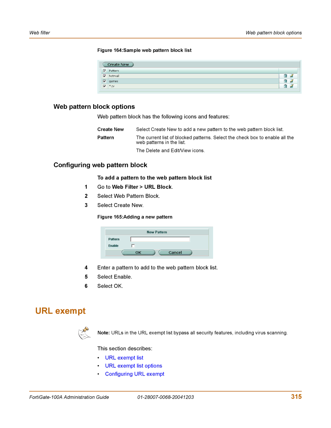 Fortinet 100A manual URL exempt, Web pattern block options, Configuring web pattern block, 315 