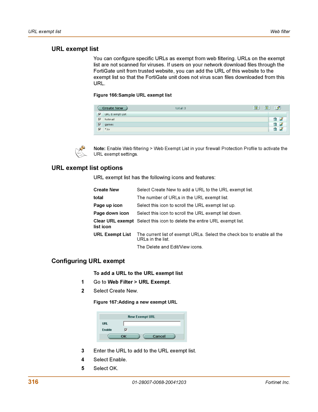 Fortinet 100A manual URL exempt list options, Configuring URL exempt, 316 