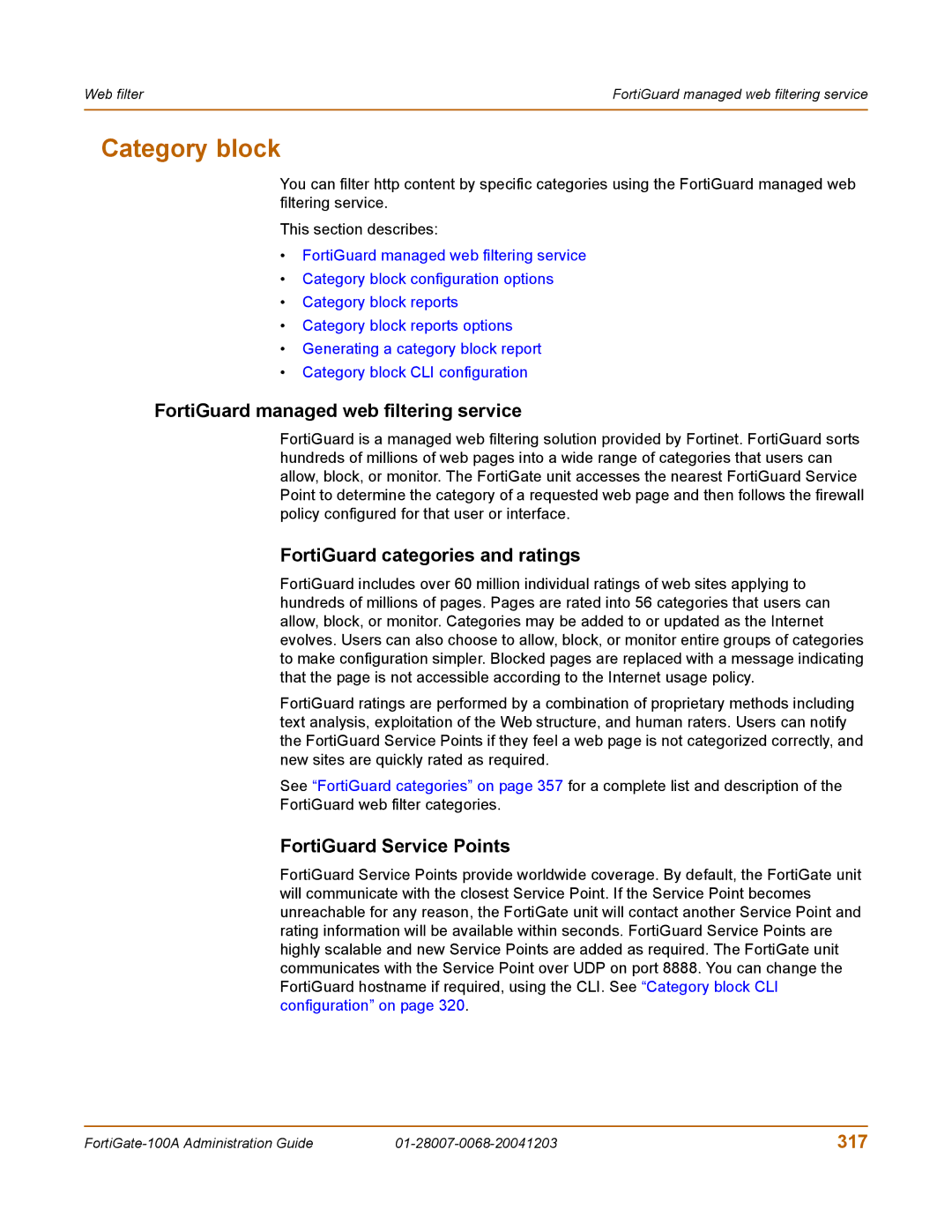 Fortinet 100A manual Category block, FortiGuard managed web filtering service, FortiGuard categories and ratings, 317 