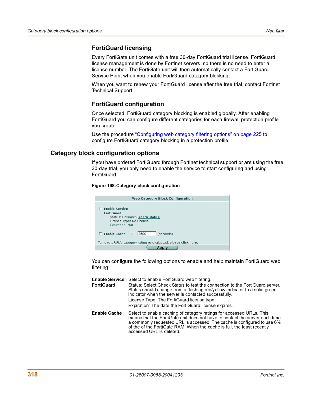 Fortinet 100A manual FortiGuard licensing, FortiGuard configuration, Category block configuration options, 318 