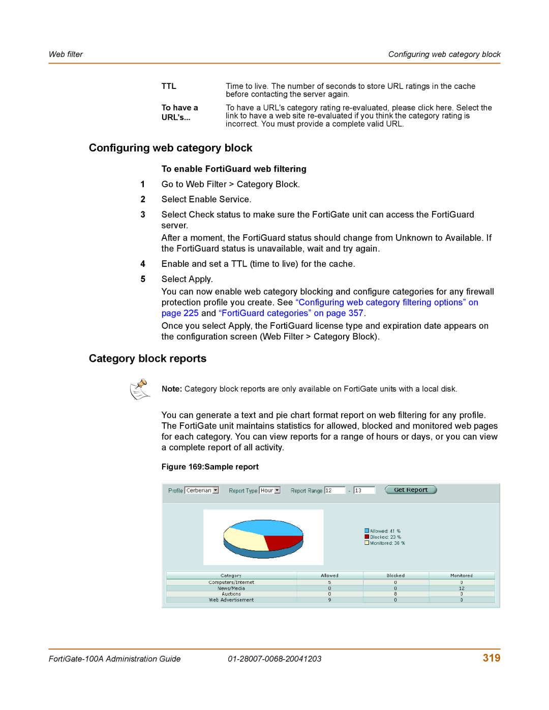 Fortinet 100A manual Configuring web category block, Category block reports, 319, To enable FortiGuard web filtering 