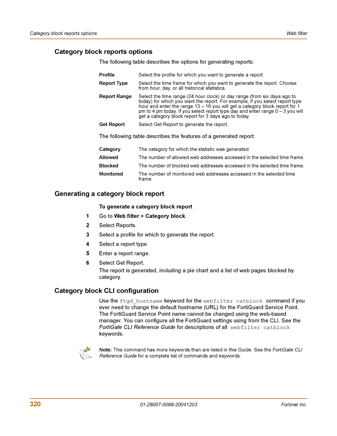 Fortinet 100A Category block reports options, Generating a category block report, Category block CLI configuration, 320 