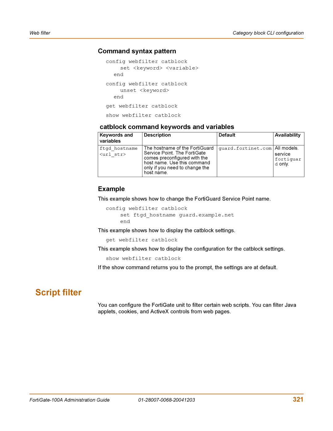 Fortinet 100A manual Script filter, Catblock command keywords and variables, 321 