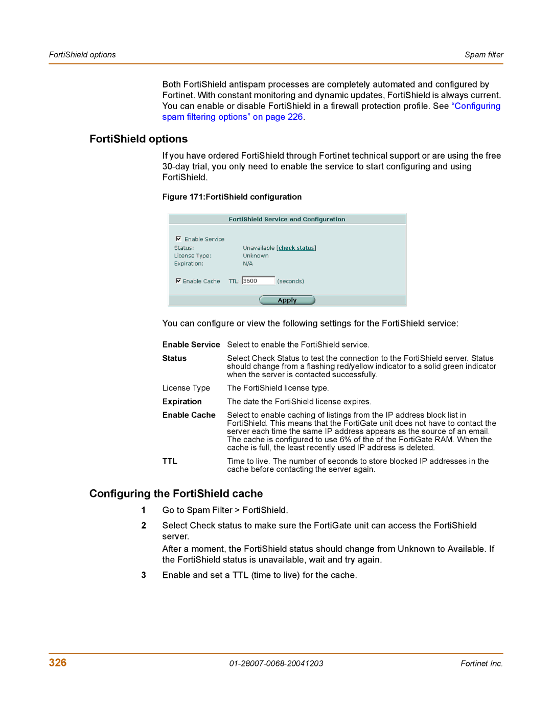 Fortinet 100A manual FortiShield options, Configuring the FortiShield cache, 326, Expiration, Enable Cache 