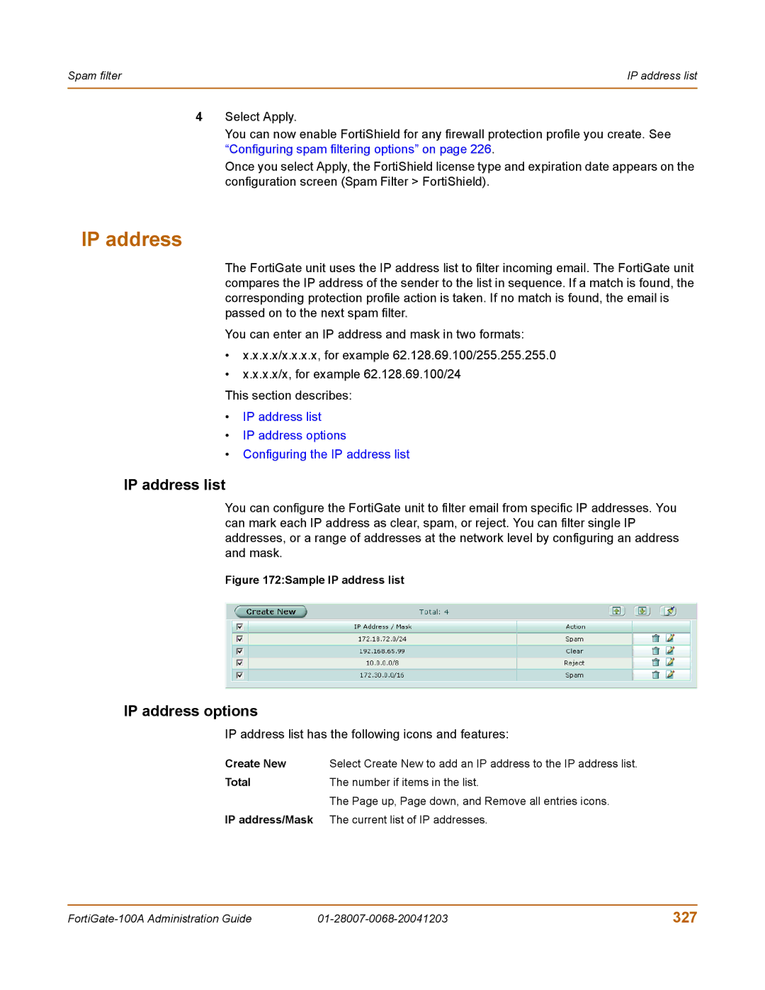 Fortinet 100A manual IP address options, 327, IP address list has the following icons and features 