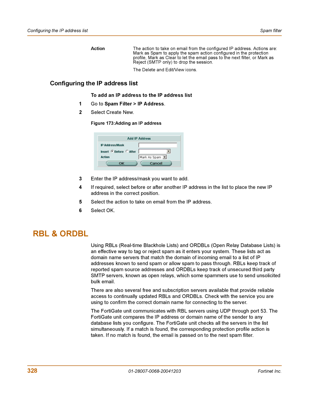 Fortinet 100A manual Configuring the IP address list, 328 