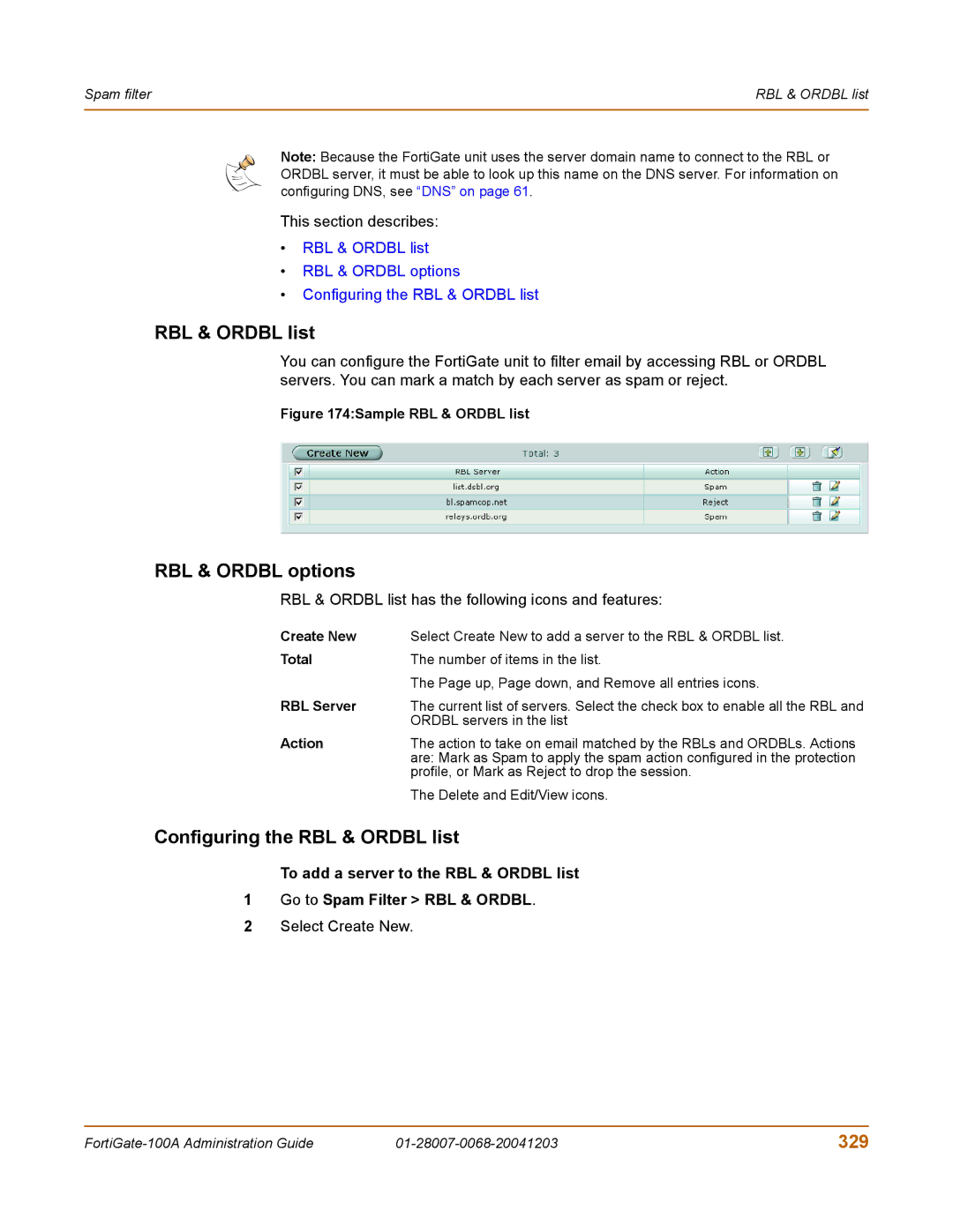 Fortinet 100A manual RBL & Ordbl options, Configuring the RBL & Ordbl list, 329 