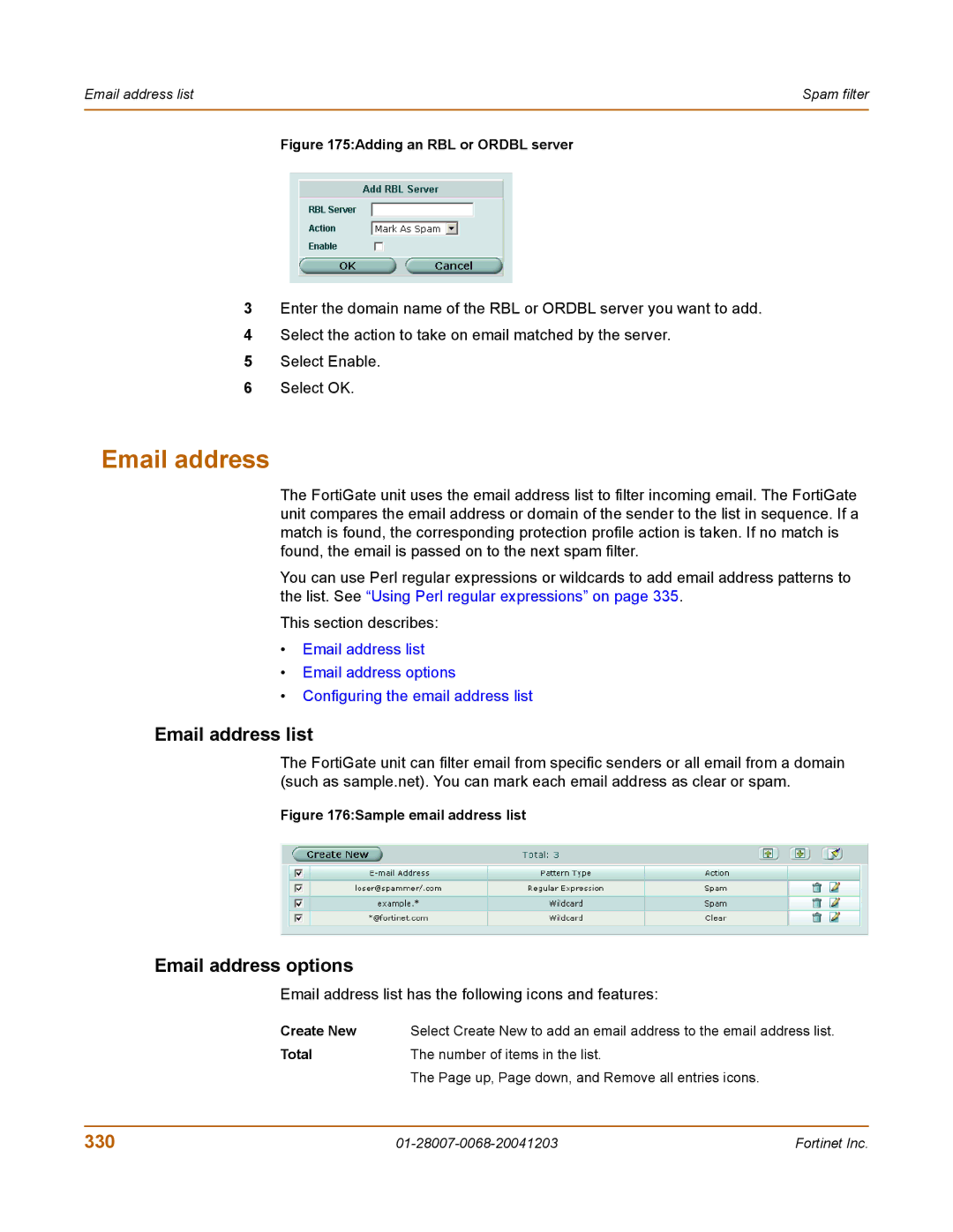 Fortinet 100A manual Email address options, 330, Email address list has the following icons and features 