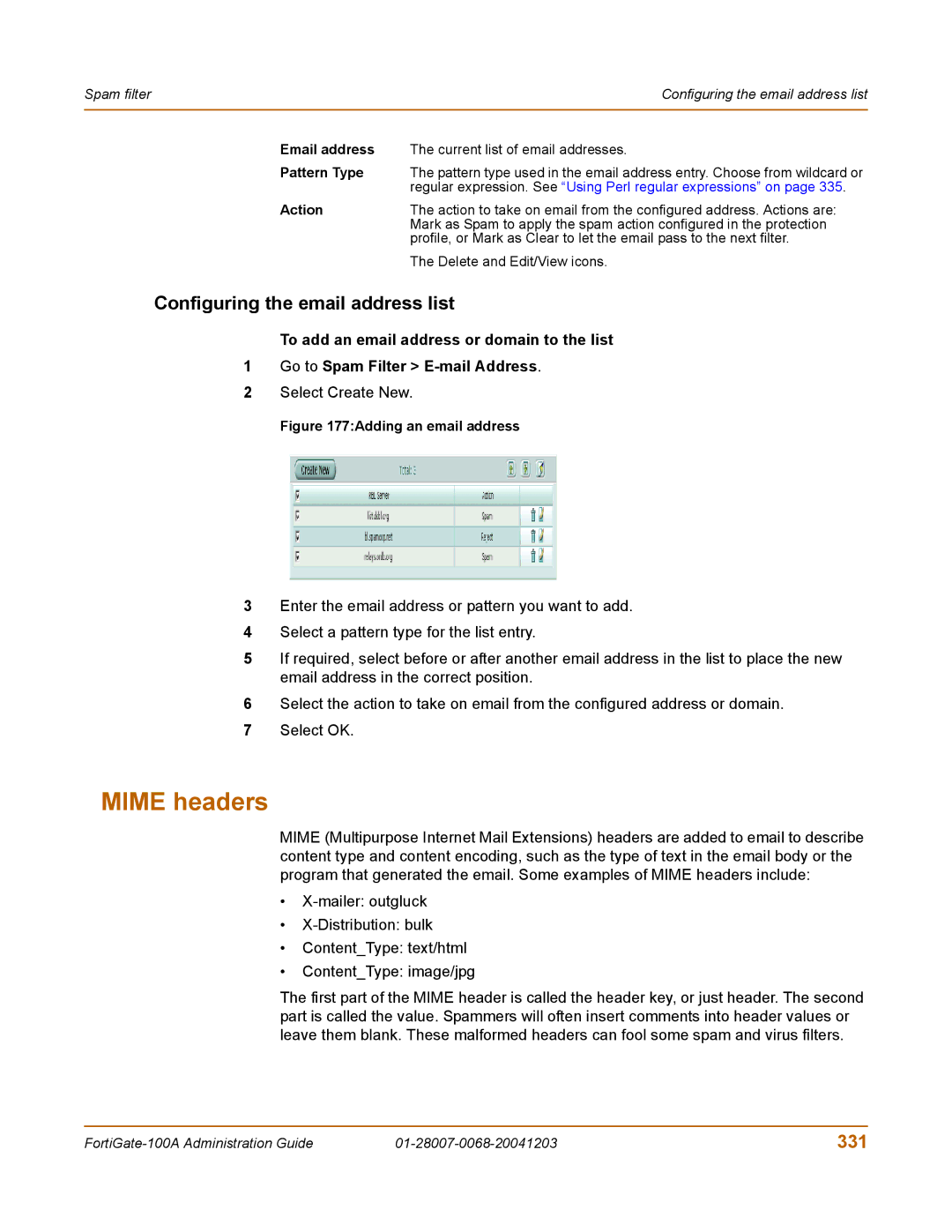 Fortinet 100A manual Mime headers, Configuring the email address list, 331, Email address, Pattern Type 