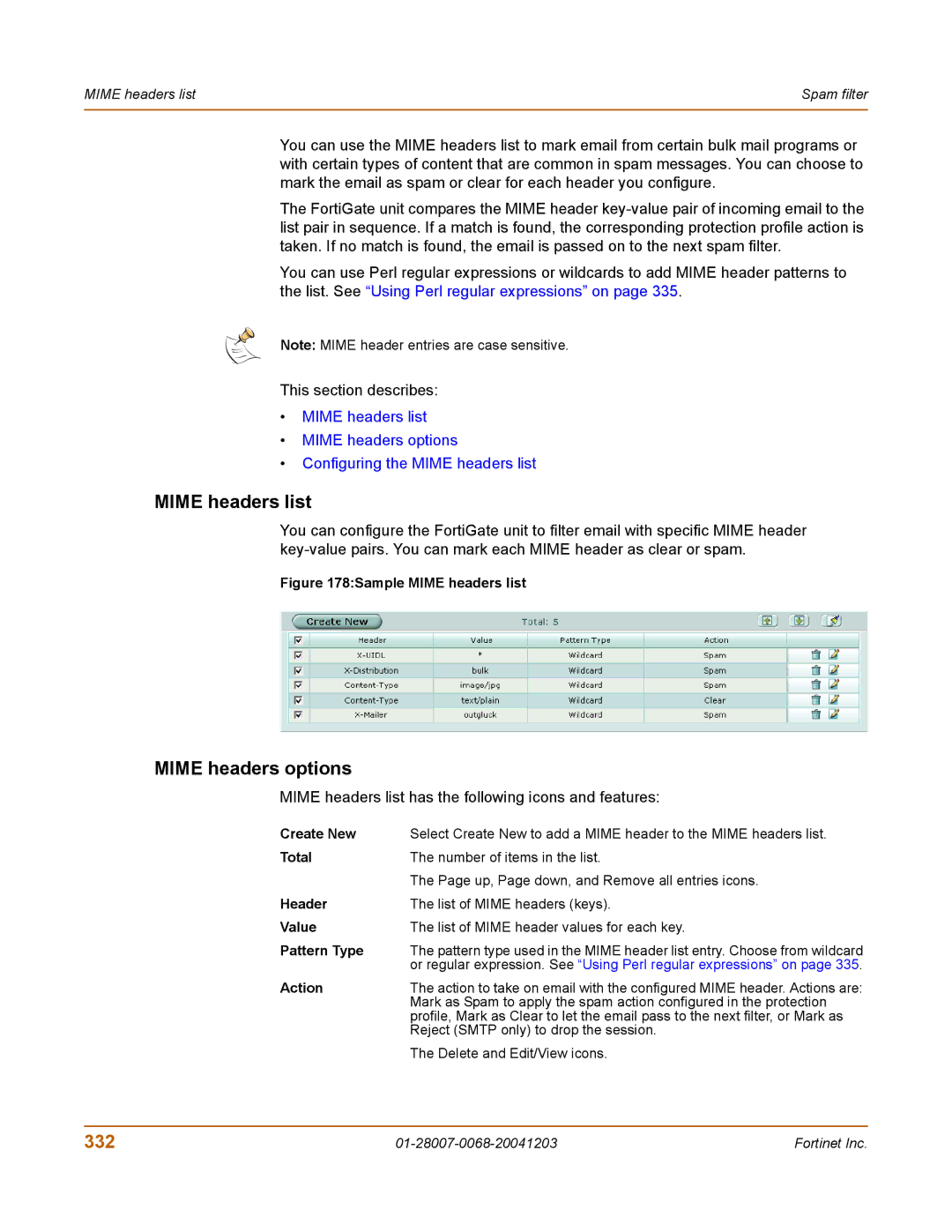 Fortinet 100A manual Mime headers options, 332, Mime headers list has the following icons and features 