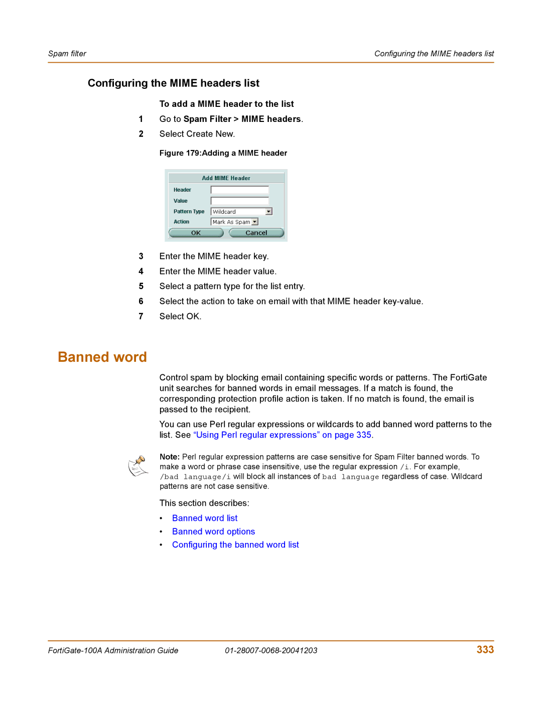 Fortinet 100A manual Banned word, Configuring the Mime headers list, 333 